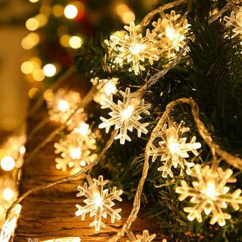 Guirlande Lumineuse Flocon de Neige, Éclairage LED de Noël à Piles, 10 m, 80 LED, Blanc Chaud, Décoration Intérieure et Extérieure