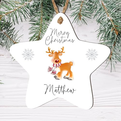 Personalised 'Merry Christmas' Tree Bauble - 8 Designs to Choose from - Custom Name Decorations - Holiday Keepsakes - Gift for Kids, (Mdf Wood Indoor Use Only, Reindeer Design)