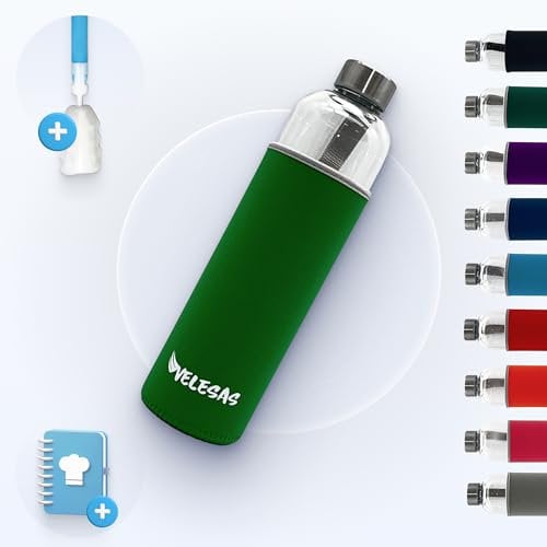 Velesas® Trinkflasche 1l | 500ml mit Schutzhülle | Glasflasche 1l spülmaschinenfest mit Neoprenhülle und Edelstahldeckel | Wasserflasche für Schule, Arbeit, Fitnesssport, BPA-Frei | Hellgrün