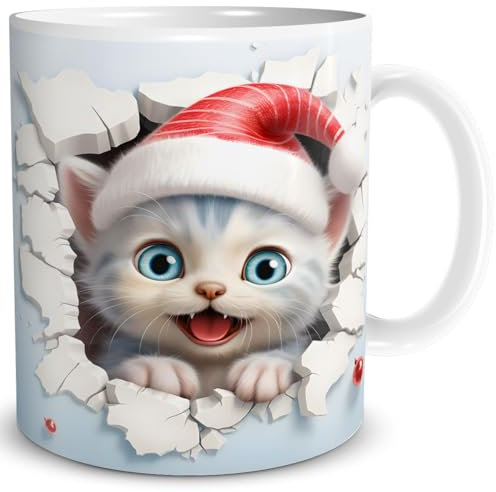 TRIOSK 3d Illusion Tasse Weihnachten mit Katzen Weihnachtsmotiv Katze bricht durch Becher Katzenmotiv Geschenk lustig für Katzenliebhaber Blau, Keramik, 330ml