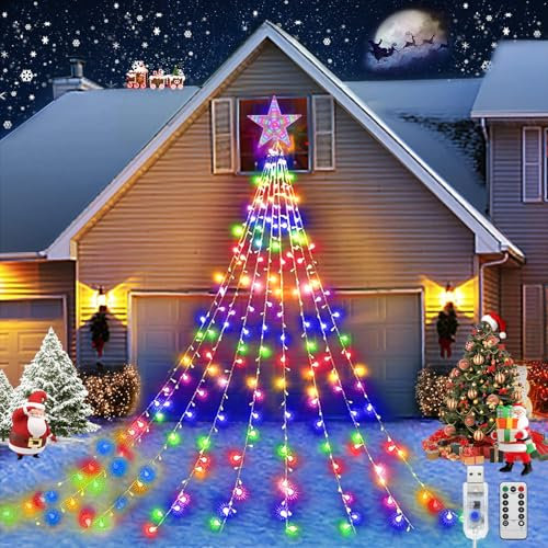 JIMACRO Outdoor Christmas Tree Decoration, 9Pcs 2M Waterfall Fairy String Lights, 8 Modes 198 LEDs Waterproof USB LED Christmas Tree Lights with Topper Star for ChristmasTree Garden Party Festival