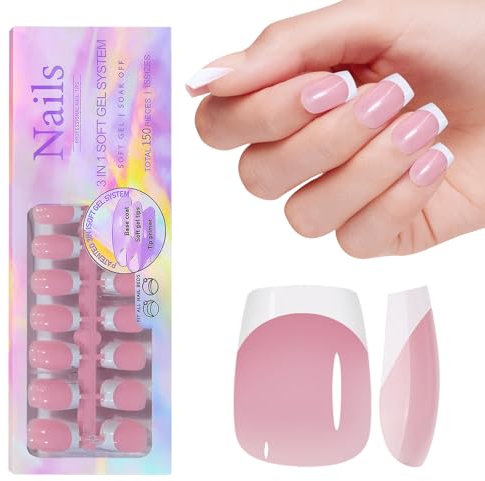 French Gel Nail Tips, 150pcs Medium Coffin Press on Soft Gel Fake Nails, 3 in 1 X-coat Pre-Applied Tip Primer & Base Coat, 15 Sizes for DIY Nail Extension, No Filing Required (HJ-NT087-No.4)