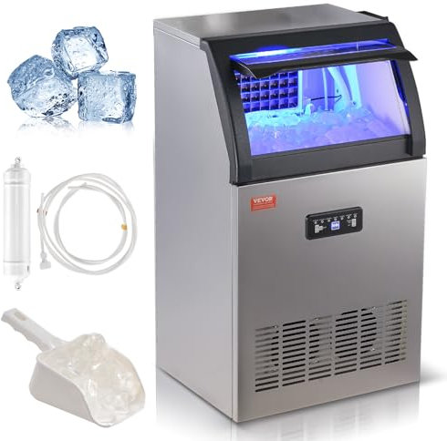 VEVOR Kommerzieller Eiswürfelbereiter Eismaschine 52 kg / 24 h, Leichte Würfeleismaschine 15 kg Eisspeicherkapazität 50 Stk. Eiswürfel, Edelstahl Eiswürfelbereiter inkl. Wasserfilter & Eisschaufel