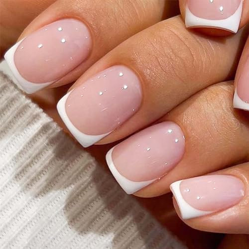 NLFOX 24Pcs French Tip False Nails - Square False Nails - Medium Length Nude Fake with Glue - Glossy Full Cover Glue on Nails - DIY Salon Home Long Lasting Gifts for Women