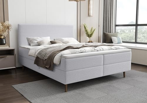 PAMIR24 Boxspringbett 180x200 mit Bettkasten, Polsterbett 180x200 mit Stauraum, Polsterbett Samt mit Kopfteil Doppelbett mit Bonell-Feder Matratzen und T30-Schaum - Matratzenhärtegrad - H3 Hellgrau