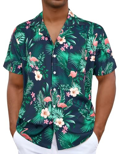 iCKER Hawaiian Shirt Beach Mens Short Sleeve Floral Classic Shirt Print Casual Regular Fit,Blue TF164,L