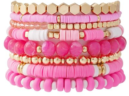 GOOJIDS Surfer Heishi Tonperlen Armbänder für Damen, Boho-Stil, stapelbar, goldfarbene Perlen, elastisch, geschichtet, Freundschaftsarmbänder, Medium, Polymerton, Medium, Polymerton, Kein Edelstein