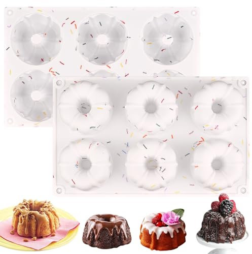 HUAKENER 2 Pcs Mini Fluted Cake Pan, 6-Cavity Fluted Tube Cake Pan, Non-stick Silicone Baking Mold for Cupcakes, Donuts, Muffins, Cornbread, Brownies, Jellies