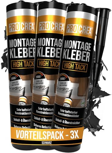 PROCREA® 3x Montagekleber High Tack schwarz [Kleben statt Bohren] Extra Starker Baukleber auf Basis von Acrylatdispersion - Turbo Sofortkleber für Sockel, Stuck, Styropor, Holz - Made In Germany