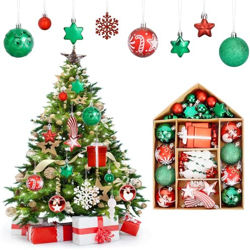 YONTINY 70Pcs Christmas Tree Baubles, Christmas Ball Ornaments for Christmas Tree Hanging Decorations, Red and Green Small Christmas Baubles Plastic Xmas Baubles