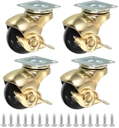 PATIKIL 1.5 Inch Ball Caster Wheels with Brake, 4 Pack 360° Rotating Swivel Top Plate Wheels 298 lbs Total Capacity Locking Caster with M4 Screws for Furniture Table Cabinet Gold