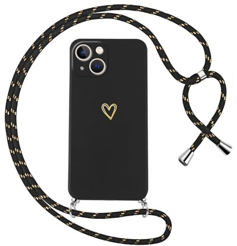 Oelrstfe Coque pour iPhone 13 Mini avec Cordon de Collier Étui Housse Souple Silicone avec Motif Coeur et Portable Lanyard Réglable Antichoc Anti-Chute Bandoulière Lanière Case,Noir