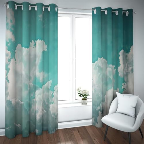 Himmelblauer moderner Boho-Verdunkelungsvorhang weiße Wolkenmuster Thermovorhang für Wohnzimmer Schlafzimmer 2 Paneele extra breite Sichtschutzvorhänge 160x245cm