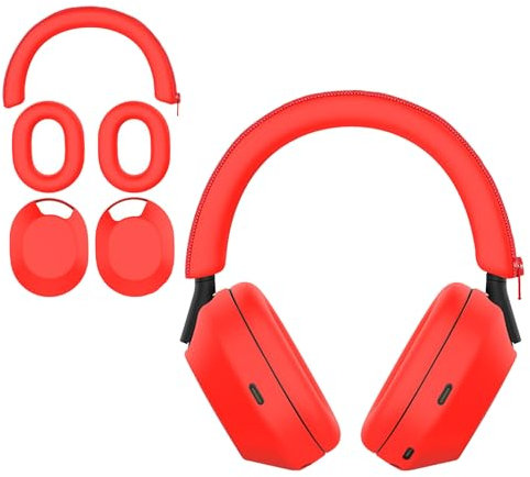 Aiivioll Protective Case 3-Piece Set for Sony WH-1000XM5 Headphones, Silicone Headphone Cover Sony XM5 EarPad/Ear/Headband | Protector Covers Sweatproof & Easily Washable (Red)