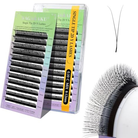 NAGARAKU Y Cils 2D Forme Y Professionnelles Pré-fanés Doux Légers Naturels Volume Russe Extension de Faux Cils Premade Fans Bouquet Prefait Ventilateur Wispy Cluster Eyelash Noir Mat (0.10 C 8-12mm)