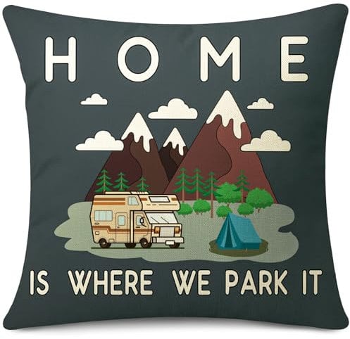 JOTOM Cushion Cover 45x45 cm Motorhome Gadgets Caravan Camping Home is Where We Park it Throw Pillow Cover Campervan Accessories Gift Pillow Case Holiday Couch Bed Sofa Decor (Camping Black)