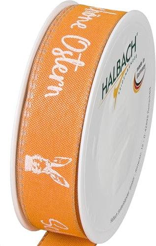 Halbach Seidenbänder Druckband Ostern | 25mm x 18m | Dekoband für Ostern Schriftzug Schöne Ostern | Schleifenband Leinen für Ostergeschenke | Farbe: orange/weiß