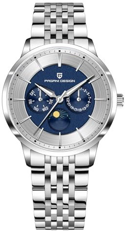 Pagani Design Mode Minimalistisch Quarz Analog 40mm Edelstahl Datum Kalender Wasserdicht Leuchtend Herrenarmbanduhr Leder/Edelstahlarmband(Stahlgürtel Blau 1)