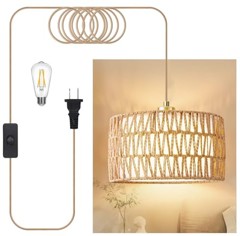 Beser·Win Plug in Pendant Light Rattan Hanging Lights with Plug in Cord, Woven & Fabric 2 in 1 LampShade, Hanging Lamp Plug in for Bedroom Living Room Kitchen Island (Bulb Included)
