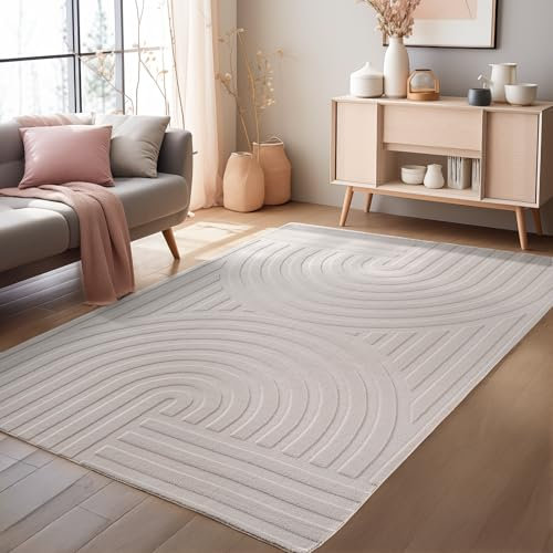 HomebyHome Boho Teppich 140 x 200 cm Creme – Weicher Skandinavischer Kurzflor mit 3D-Effekt – Waschbar & Pflegeleicht – Vielseitiger Teppich für Wohnzimmer oder Schlafzimmer