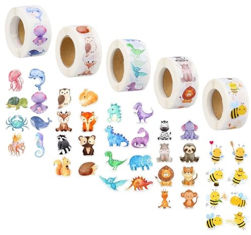2500 Stück Motivationssticker für Kinder, Tier Belohnungsaufkleber, 40 Muster, Runde selbstklebende Sticker, Tiere Wasserfest, Stickerrolle für Mädchen und Jungen
