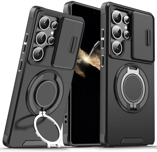 HAOFUGUI Custodia per Samsung Galaxy S23 Ultra, Supporto Rotante 360° & Cover per Fotocamera Scorrevole, con Compatibilità con Supporto Auto Magnetico, Militare Rigida Armor Case-Nero