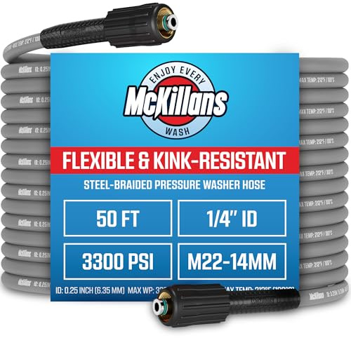 McKillans® Pressure Washer Hose 50 ft - Flexible & Kink-Resistant - Steel-Braided & Durable- M22-14mm Stainless Steel Plug - Power Washer Hose - High Pressure 1/4 Inner Diameter - Long 50 ft Reach