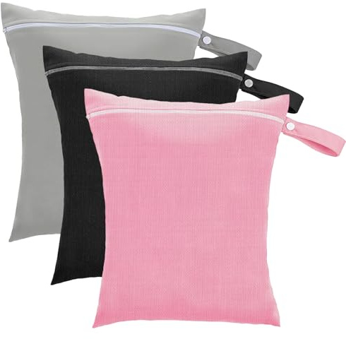 CTYUEYUN 3 Stück Nasstasche Schwimmsachen mit Reißverschluss 40 x 30 cm, Groß Wetbag Wiederverwendbare für Badeanzüge, Strandtücher und Windeln(Schwarz, Rosa, Grau)