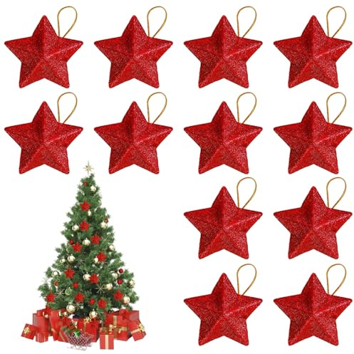 Weihnachtsbaumschmuck, 12 Stück Rote Sterne, 7 cm, Baumschmuck Weihnachten, Weihnachtsbaum Deko, Weihnachtlicher Baumschmuck, Glitzer Sterne, Weihnachtsdeko Hängend, Stern Baumschmuck