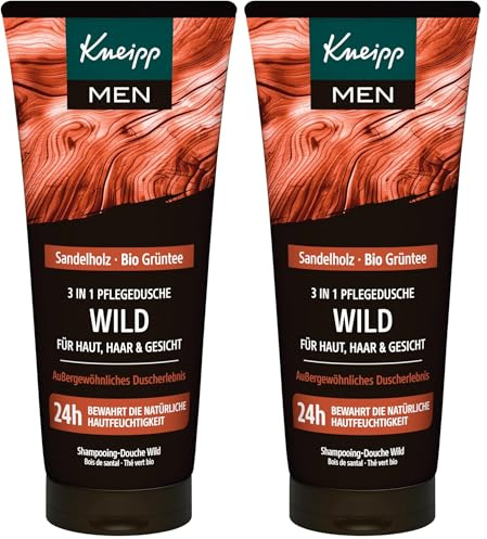 Kneipp MEN 3 in 1 Wild Duschgel - Sandelholz & Bio Grüntee - Für Haut, Haar & Gesicht - Verbessert das Hautgefühl - 200ml (Packung mit 2)
