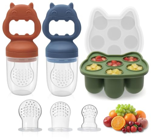 MR.TIMELAG Fruchtsauger Baby, 2 Stück Silikon Obstschnuller(mit Eiswürfelform) | Muttermilch-Eiswürfelform zum Abkühlen des Babys, BPA-freies Silikon, für Obst, Gemüse & Babynahrung Beißring