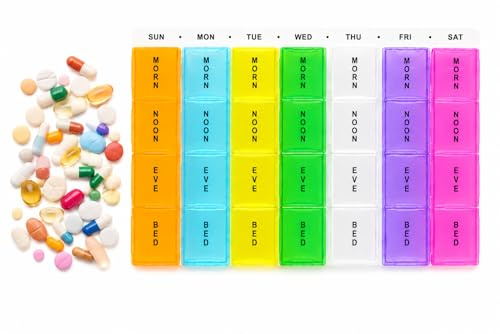 Weekly Pill Organiser Portable Pill Box 4 Times A Day Colour Coded Daily Pill Dispenser for Morning Noon Evening Bed Time 28 Compartments 7 Day Tablet Case for Vitamins Supplements & Medication