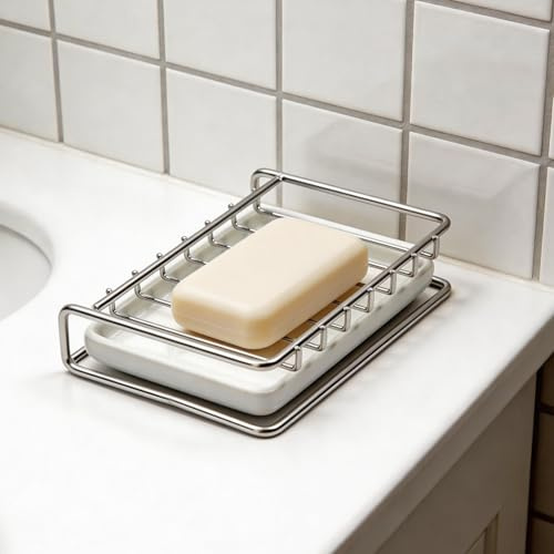 FELINAT Seifenhalter 14x10x3 cm, Edelstahl Seifenschale mit Keramik Abtropfschale für Badezimmer, Waschbecken, Badablage, Tisch-Seifenhalter, Soap Dish