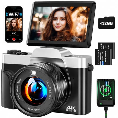 Appareil Photo Numérique 4K 64MP avec WiFi, Caméra Vlog avec Autofocus et Webcam, Écran 3″ Rabattable 180°, Zoom Numérique 16X, Anti-Tremblement, Carte SD 32 Go, Chargeur et 2 Batteries, Débutant