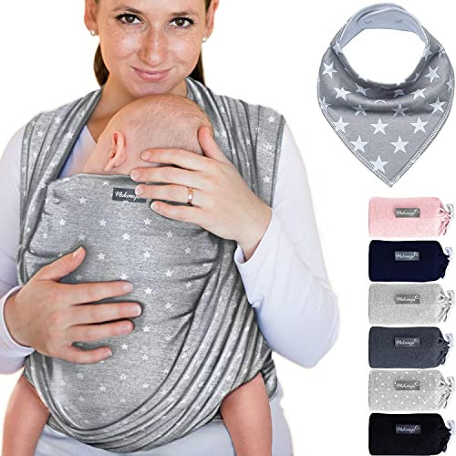 Fascia Porta Bebè - 100% Cotone Grigio Chiaro Con Stelle - Morbida E Sicura - Tracolla Regolabile + Gratis: Bavaglino