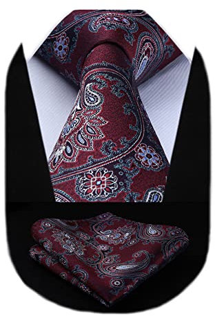 HISDERN Krawatte mit Einstecktuch Extra Lange Paisley Dunkelrote Krawatten Set und Taschentuch Elegante Hochzeit Seidenkrawatte für Männer