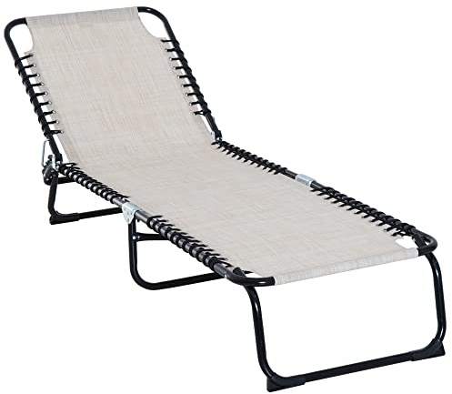 Outsunny Tumbona Plegable de Jardín Tumbona Inclinable de Playa con Respaldo Ajustable Fácil de Transportar para Patios Piscina 197x58x82cm Crema Blanco