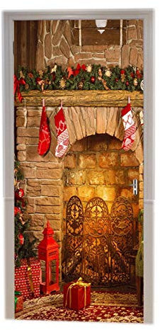A.Monamour Türtapete Selbstklebend Türfolie Türposter 3D Weihnachten Innen Kamin Socken Geschenk Kiefer Urlaub Vinyl Folie Türdeko Tapete Wandbild Türaufkleber Türtattoo 77 x 200 cm