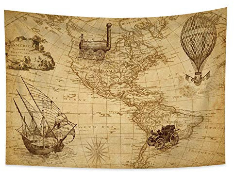 YONGFOTO 100x70cm Vintage Map Tapisserie, Industrielles Zeitalter Nautische Geografische Kunst Wandbehang für Raumdeko Alte Jahrhundert Abenteuer Historische Decke für Schlafzimmer Büro Wohnheim