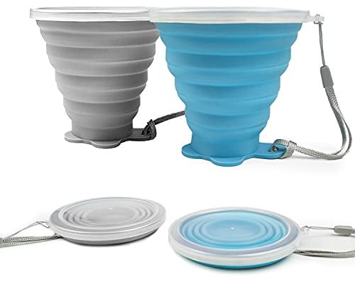 ddLUCK, set di 2 tazze in silicone pieghevoli, con coperchio in plastica, riutilizzabile, picnic, campeggio, escursionismo, all'aperto, viaggio