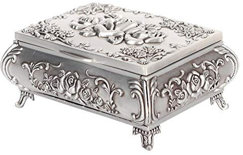 Schmuckkastchen Metall Antik Jewelry Box Floral Gravur Schmuckschatulle 3D Rose Geschnitzte Schmuckdose Ringe Ketten Organizer f¨¹r Frauen, Silber(9x6,5x4 cm)