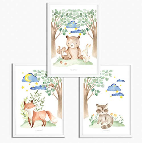 Sunnywall® 3er Set Poster Waldtiere Gute Nacht Kinderzimmer - A4 Bilder Babyzimmer Kinderposter | OHNE Bilderrahmen | - Deko Mädchen Junge | (Woodland Waldtiere Gute Nacht, A4 (21 cm x 29,7 cm))