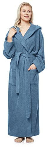 Arus Damenbademantel mit Kapuze, knöchellang, Baumwolle, L-XL Lang, Blaugrau