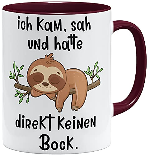 OM3® Ich kam, sah und hatte direkt keinen Bock - lustige Faultier Tasse mit Spruch - Keramik Becher - 11oz 325ml - Beidseitig Bedruckt - Bordeaux