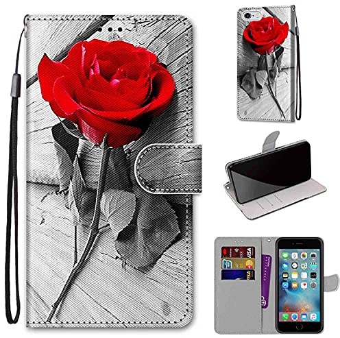 Funda para iPhone 6 / 6S, Rosa roja | Ranura Tarjeta, Flip Folio, Magnético, Función de Soporte, Cuero Protección Carcasa