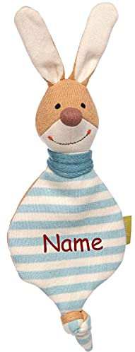 Sigikid Mini Strickschnuffel Hase mit Namen Bestickt, Jungen Schmusetuch personalisiert, Baby Kinder Stofftier Kuscheltier als Geschenk-Idee zur Geburt, Taufe, Weihnachten