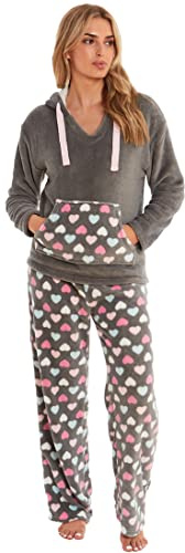 KATE MORGAN Womens Pyjamas Warm Fleece Pyjamas for Women Sets Pjs with Pockets S-XL | Soft Twosie Pyjama Set for Ladies Gifts for Her (Large, Grey Hooded)