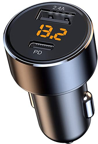USB C Car Charger Adapter, 30W Mini Usb Charger with Voltmeter 18W PD Car Phone Charger Fast Charge Socket Cigarette Lighter Car Charger Fast Charging Fit Samsung Galaxy iPhone iPad Tablets