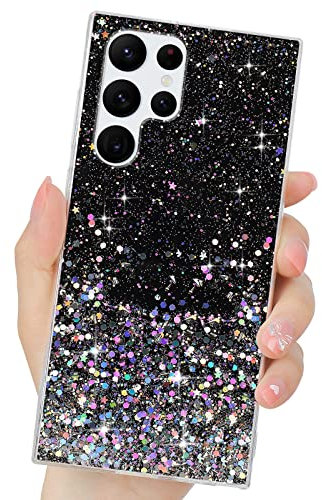 LCHULLE Handyhülle Kompatibel mit Samsung Galaxy S22 Ultra 5G(6.8 Zoll) Hülle Glitzer Transparent Silikon Case Bumper Glänzend Mädchen Schutzhülle für Samsung S22 Ultra 5G Schwarz