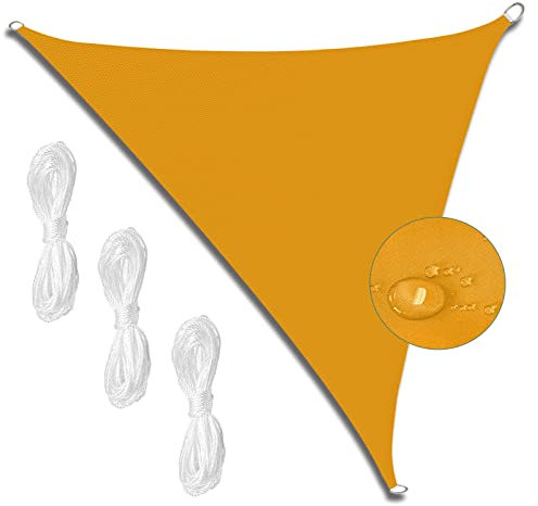 MEEYI UV-Schutz wetterbeständig Segel 3x3x3m Garten Outdoor Wasserdichtes Sonnensegel 98% UV Schutz Sonnenschutz Wasserdicht für Garten Balkon Camping Outdoor mit Spannseilen mangogelb